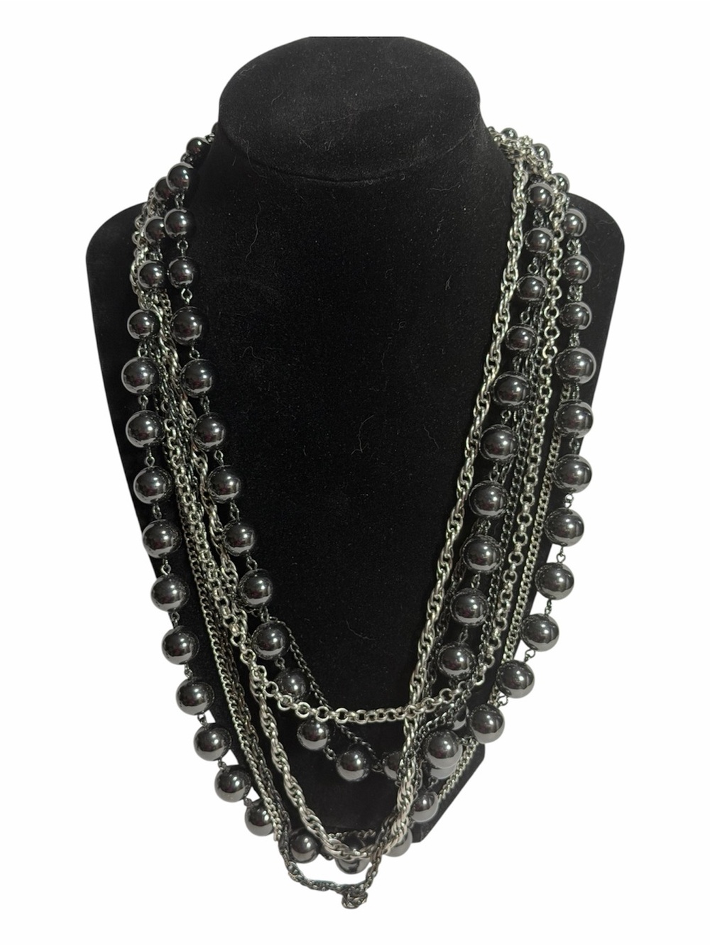 Goth Glam Multi Layer Chain & Bead Necklace Dark Romance Gunmetal Gray Black